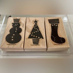 Stampin Up! Holiday Basics 3pc 2003 Rubber Stamp Set Snowman Tree Stocking A5